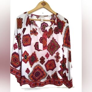 Chicos Size 1=Small Beautiful Boho Top Bell Sleeves Cream Orange Fuchsia
